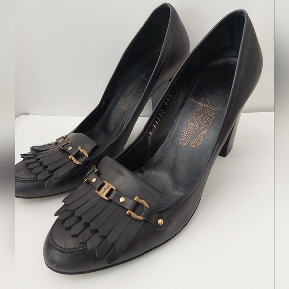 Salvatore Ferragamo Shoes - Salvatore Ferragamo Black Heeled Loafers with Gold Accents
